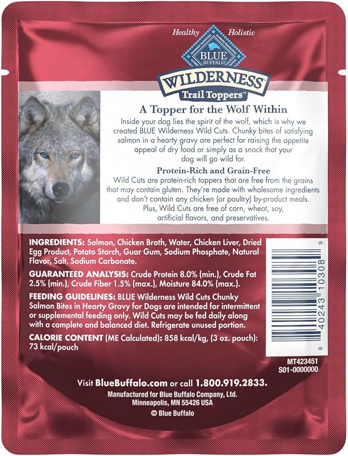 Blue Buffalo Wilderness Trail Toppers Wild Cuts Natural High-Protein Dog Wet Food, Salmon Bites in Hearty Gravy, 3-oz Pouch, 24 Count