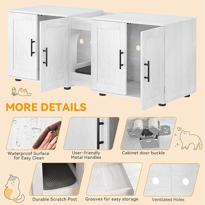 Garvee Cat Litter Box Enclosure for 2 Cats, 55" Hiddden Litter Box Enclosure Furniture 3-in-1 Wooden Litter Cabinet with Barn Door & Double Rooms for Bedroom Living Room,White