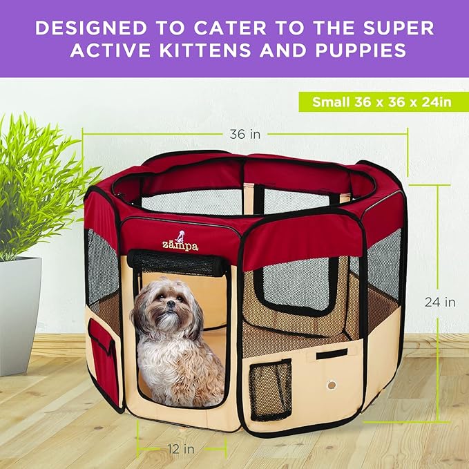Zampa Puppy Pop Up Portable Playpen for Dog and Cat, Foldable | Indoor/Outdoor Kitten Pen & Travel Pet Carrier + Carrying Case (Red, Small (36"x36"x24"))