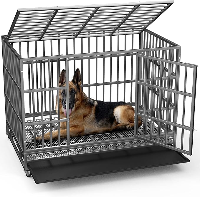 LEMBERI 48/42/38 Inch Heavy Duty Indestructible Dog Crate, Escape Proof Double Door Dog Kennel with Lockable Wheels, High Anxiety Extra Large Dog Cage Indoor Use, with Removable Tray
