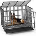 LEMBERI 48/42/38 Inch Heavy Duty Indestructible Dog Crate, Escape Proof Double Door Dog Kennel with Lockable Wheels, High Anxiety Extra Large Dog Cage Indoor Use, with Removable Tray