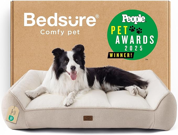 Bedsure SupportMax™ Orthopedic Dog Beds Large Sized Dog - Extra Thick Supportive Large Dogs Bed with Waterproof Washable Cover, L Plus Comfort Pet Sofa with Soft Sherpa and Nonskid Bottom, Beige, 38"