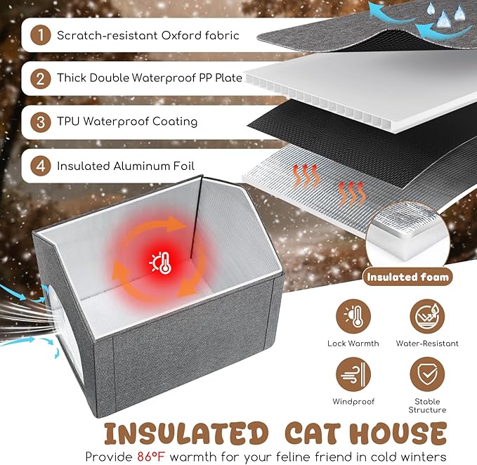 Insulated Outdoor Cat House Weatherproof, Winter Cat Dog Houses for Outdoor Cats with Heated-Foil, Waterproof Feral Stray Cat Shelter with Door Curtain and Warm Mat, Easy to Assemble, Grey