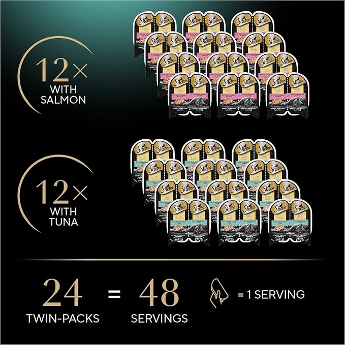 Sheba Perfect Portions Wet Cat Food Cuts in Gravy, Cat Food Wet Recipe, Gourmet Salmon & Sustainable Tuna Entree, 2.6 oz. Twin-Pack Trays (12 Count, 72 Servings) (Pack of 2)