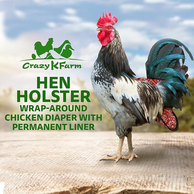 Hen Holster Bird Diaper, Wrap Around - for Hens, Roosters, Ducks, Leak-Proof Design, Comfortable Fleece Strap Bird Harness with Sewn-in Liner, Secure Hook & Loop Closure - Large, Red Bandana