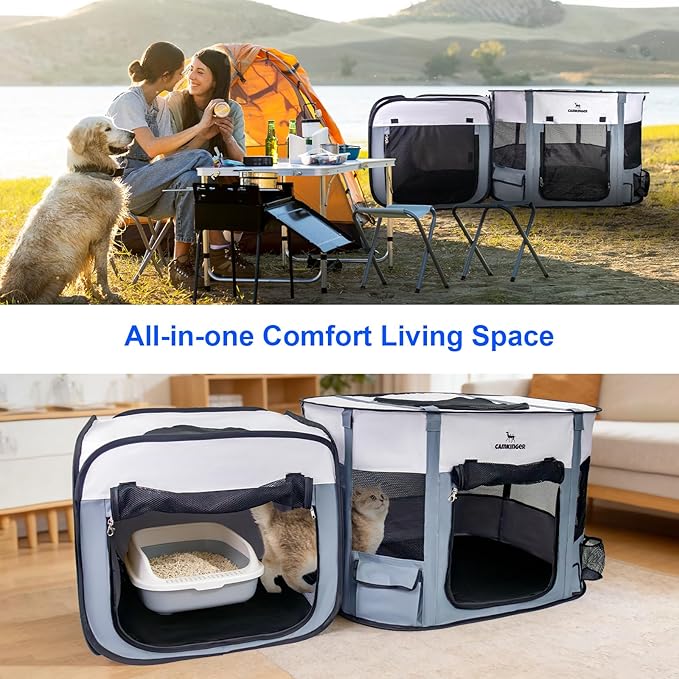 Cat Playpen with Separate Areas, Pet Playpen Indoor House for Small Dog, 2-in-1 Waterproof Dog Crate Furniture Tent Cage Outdoor, Large Portable Pop Up Cat Enclosure Kennel for Puppy/Kitten