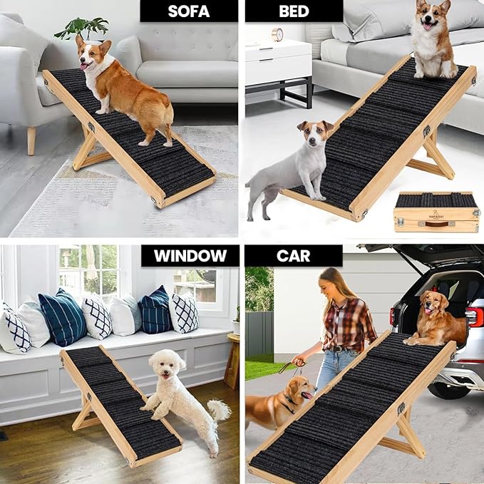 Dog Ramp for Bed and Couch - Wooden Adjustable Pet Stairs with 4-6 Height Settings for Dogs, Cats, Puppies, Pets and Indoor Outdoor Use