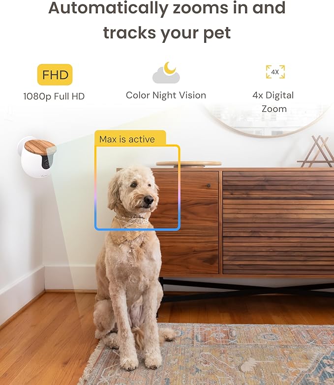 Furbo Mini Pet Camera + Power Adapter: Smart Cam w/Barking or Meowing Alerts, Cat or Dog Tracking w/Phone App, 2-Way Speaker. No Subscription Needed. Standard See, Talk & Toss Features