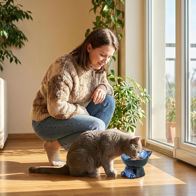 Nihow Slanted Elevated Cat Bowls: 6.25 Inch Ceramic Raised Cat Food Bowl for Protecting Pet's Spine - Microwave & Dishwasher Safe -Elegant Blue & Black (6.8 OZ /1 PC)