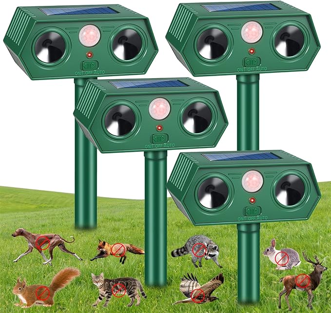 2026 Solar Ultrasonic Animal Repellent Outdoor, IP65 Waterproof Cat Repellent & Deer Repeller Devices, Motion Sensor Racoon Squirrel Fortress Pro Rabbit Skunk Deterrent for Yard Garden (4 Pack)