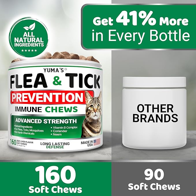 Flea Treatment for Cats - Flea and Tick Prevention for Cats - 160 Soft Treats - Natural Oral Supplement Pills for Kittens - All Breeds & Ages - Made in USA