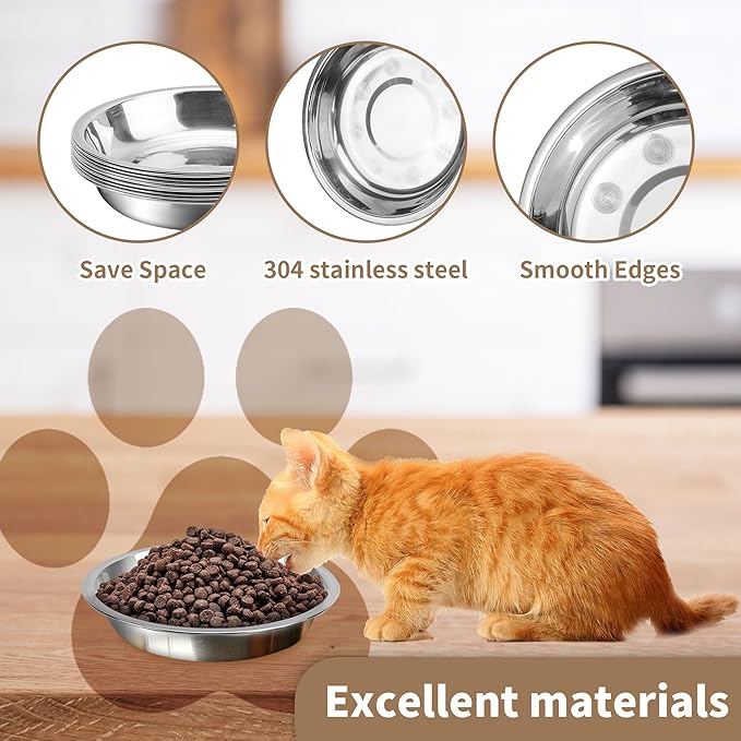 HUOIQUE 10 Pcs 6.2 Inches Stainless Steel Cat Bowls, Whisker Friendly Metal Shallow Cat Dishes for Food and Water