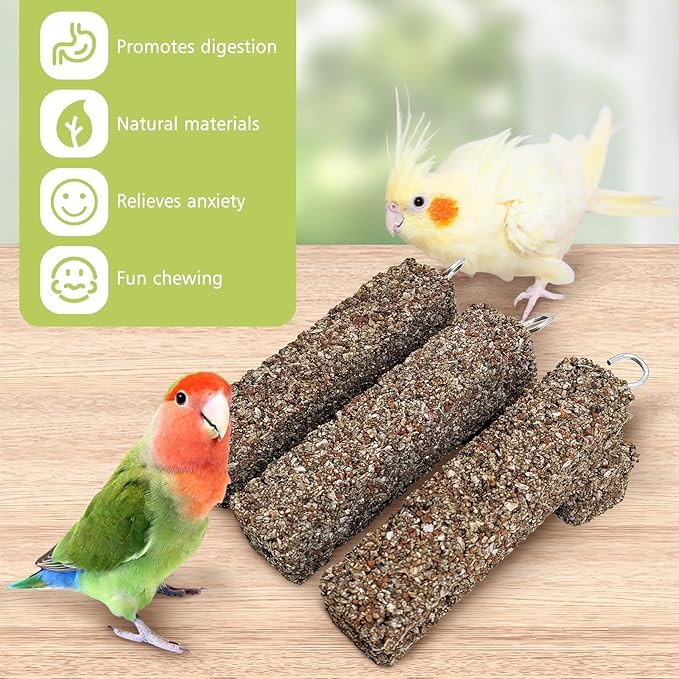 PINVNBY 6 PCS Parakeet Treats Natural Minerals Parrot Treat Sticks Calcium Cockatiel Snacks Hanging Bird Chewing Toy for Budgies Conurus Lovebirds Finches