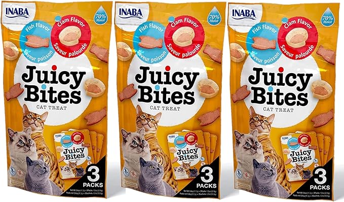 INABA Juicy Bites Grain-Free, Soft, Moist, Chewy Cat Treats with Vitamin E and Green Tea Extract, 0.4 Ounces per Pouch, 9 Pouches Total (3 per Bag), Fish and Clam Flavor