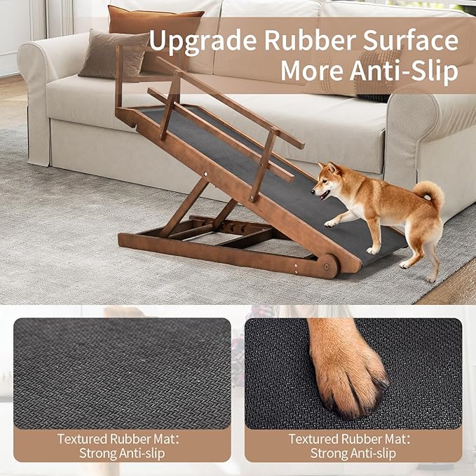 SLSY Dog Ramp for Bed, Folding Adjustable Pet Ramp with Non-Slip Rubber Mat, 45.2" Long, 5 Heights 15.7''–23.6", Portable Natural Wood Ramp for Small & Senior Dogs & Cats