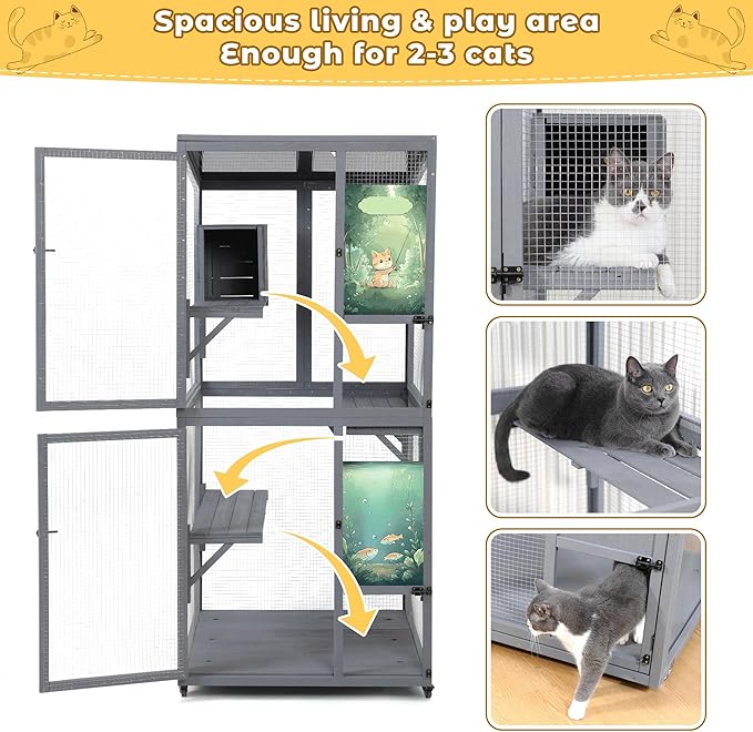 COZIWOW Large Catio Outdoor Cat Enclosure Window Access, Outdoor Cat House with Wheels, Cage for Cats Indoor (Grey, Extra Large)