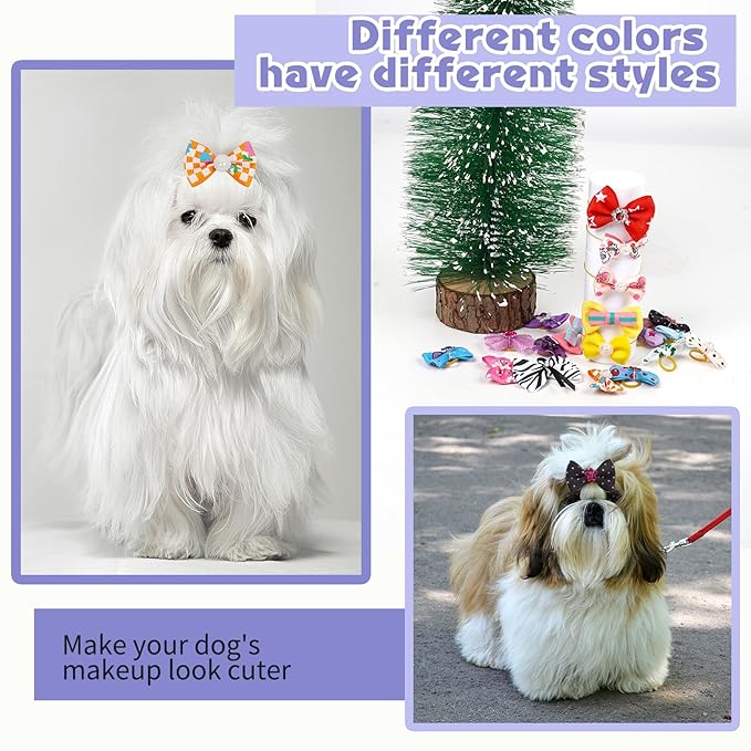 Chenkou Craft Random of 20pcs Puppy Yorkie Dog Hair Bow With Rubber Band Rhinestone Pet Grooming Products Mix Colors Varies Patterns Pet Hair Bows Dog Accessories
