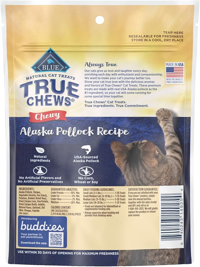 Blue Buffalo True Chews Natural Chewy Cat Treats, Made in The USA, Alaska Pollock Recipe, 3-oz. Resealable Bag