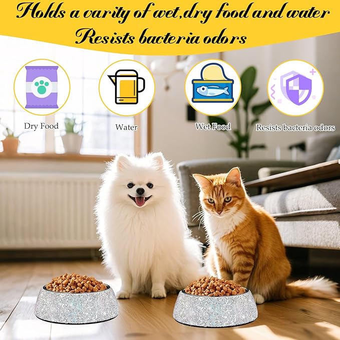 SlowVibes Bling Stainless Steel Dog Bowls,7oz Detachable Rhinestone Metal Food Water Bowl for Feeding Dogs Cats,Rust Resistant Non-Slip Puppy Dish with Gems,Sparkle Essentials for Small Girly Pets