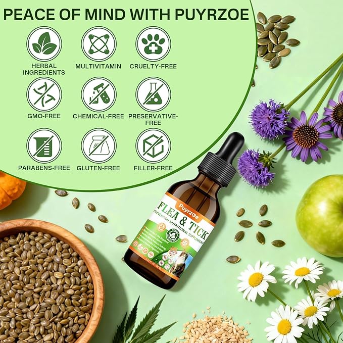 Flea and Tick Prevention for Cats, Natural Oral Cat Flea Treatment Drops with Pumpkin Seed, Echinacea & Omega-3/6/9- Support Immunity, Healthy Skin & Coat, Digestion & Overall Wellness, 60 ML