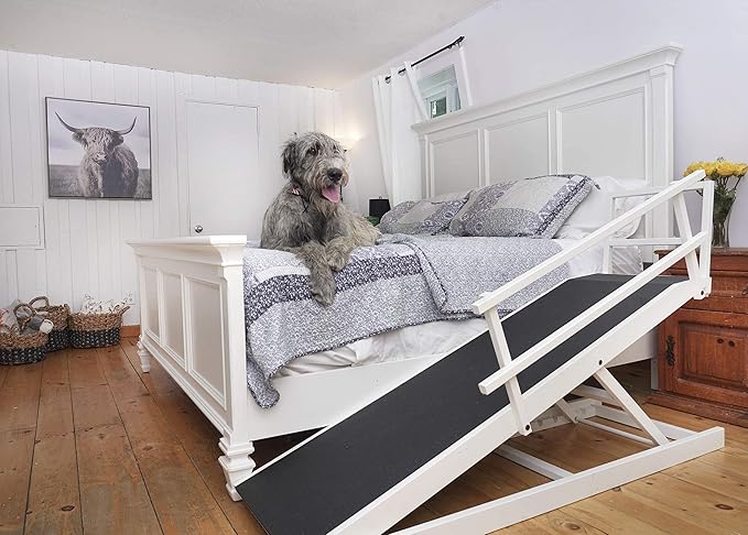 Large Dog Ramp for Bed, by DoggoRamps – Extra Wide Dog Ramp for Large Dogs to Get on High Beds up to 35" Tall – Wide Ramp with Rails, Platform & Non-Slip Grip – Made in N America from Solid Hardwood