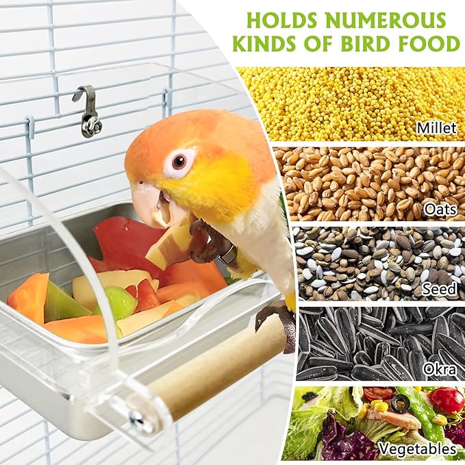 BNOSDM No Mess Bird Feeder for Cage with Stainless Steel Food & Water Bowl Wood Anti-Slip Perch Stand with Acrylic Parakeet Seed Dishes for Cockatiel, Lovebird, Canary, Finch, Conure (Hook)
