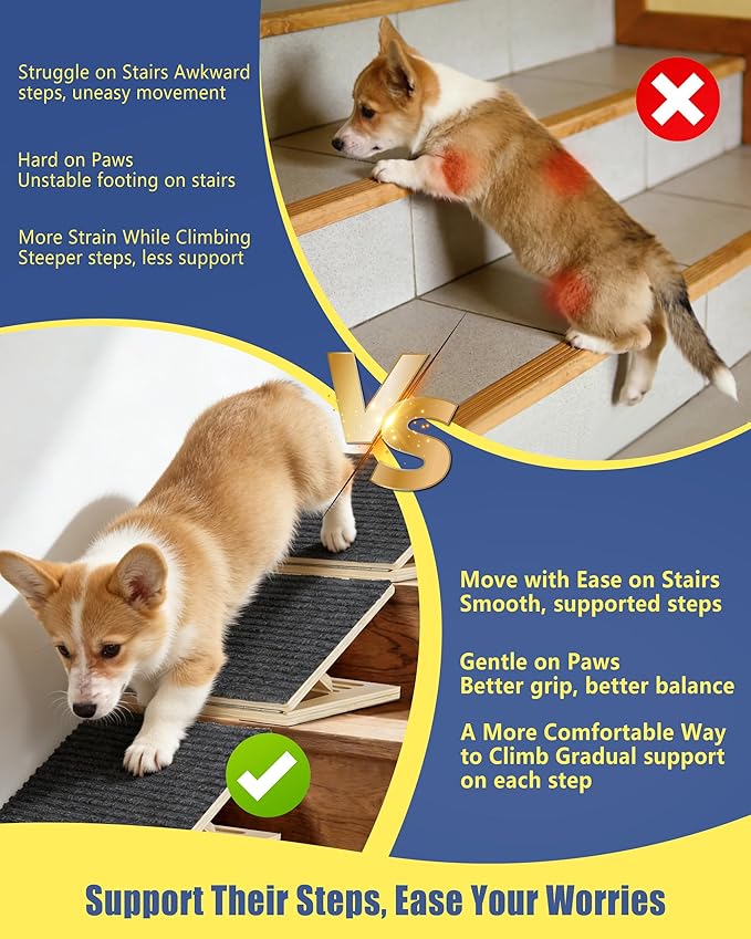 Anti-Slip Dog Steps for Stairs, 6 Pack Foldable Wooden Pet Ramp for Small Dogs, Low-Angle Stair Support for Senior, Injured, Short-Legged & Mobility-Limited Pets