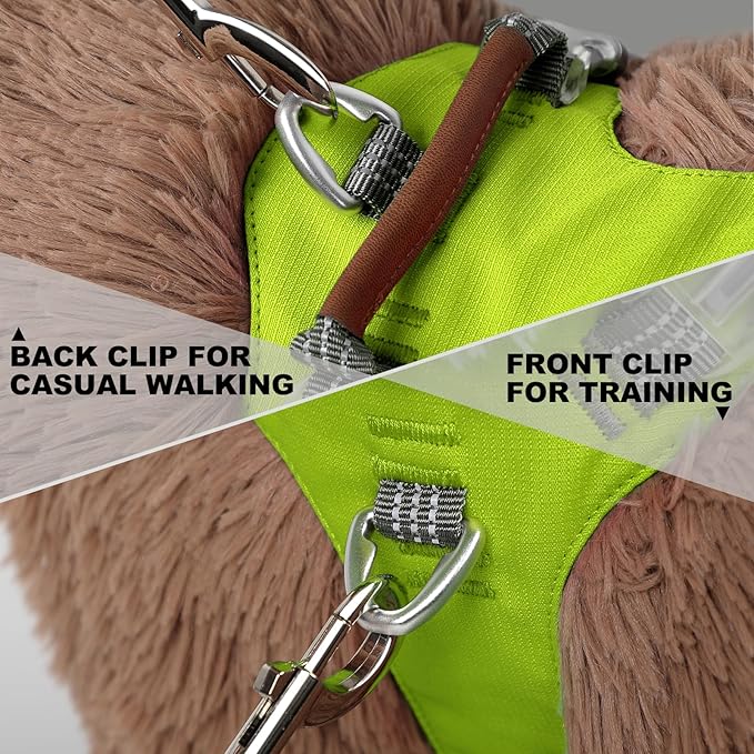 No Pull Dog Harness – Adjustable Reflective Nylon Vest for Small Medium Large Dogs, Escape Proof Training Harness with Leather Control Handle, Lightweight Aluminum Hardware (Green, L)