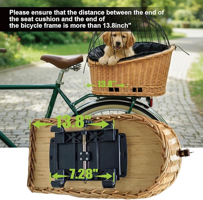Rear Bike Basket for Dogs, Wicker Pet Bicycle Carrier for Small Dog Cat with Protective Grille Liner Eco Friendly Natural Rattan Doggy Back Luggage Rack Seat (Brown Style1)