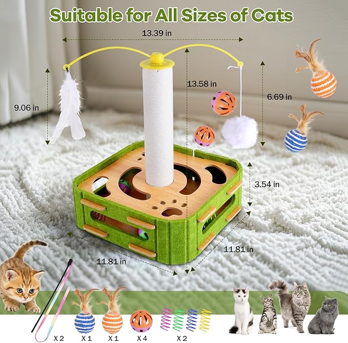 5-in-1 Cat Toys Interactive Wooden Cat Puzzle Toy Intelligence Treat Puzzle Feeder Box Game Enrichment Accessories with Jingle Balls, Wands, and Spiral Springs for Indoor Kitten Adult Cat