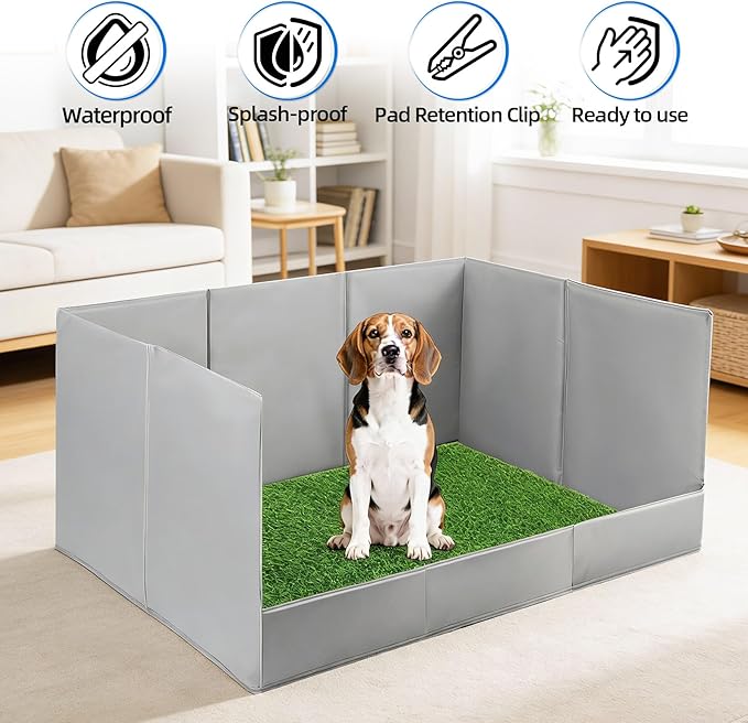 High Walls Dog Pee Pad Holder with Artificial Grass, 32.3"x22"x15.7" Foldable No-Splash No Assembly Indoor Dog Litter Box for Small/Medium Dogs Puppy Potty Training (Gray1)