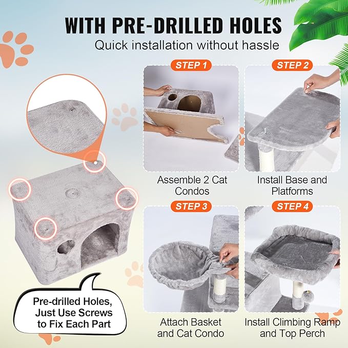 VEVOR Cat Tree for Indoor Cats, 68.5" Cat Tower with 2 Cat Condos, Sisal Scratching Post, Hammocks, Top Perches, Jumping Platforms and Ramp, Cat Furniture Activity Center with Hang Balls, Light Grey