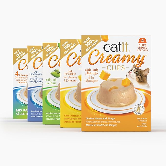Catit Creamy Cups Cat Treats – Chicken/Mango 4 Pack for Cats & Kittens – Grain-Free, No Salt or Preservatives