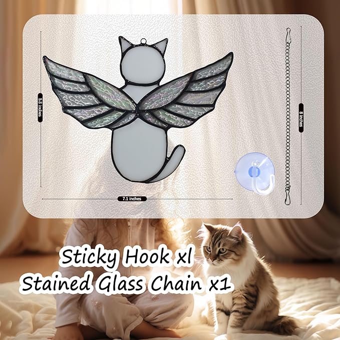 Angel Rainbow Wing Memorial Gifts - Stained Glass Cat Suncatcher, Loss of Cat Sympathy Gift (White)