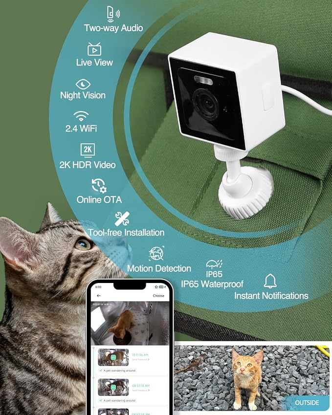 Outdoor/Indoor Smart Security Camera, 2K Cat Camera, 2.4GHz with Night Vision Pet Camera, Motion Detection for Pet Monitor, Cloud & SD Card Storage, Compatible with Alexa