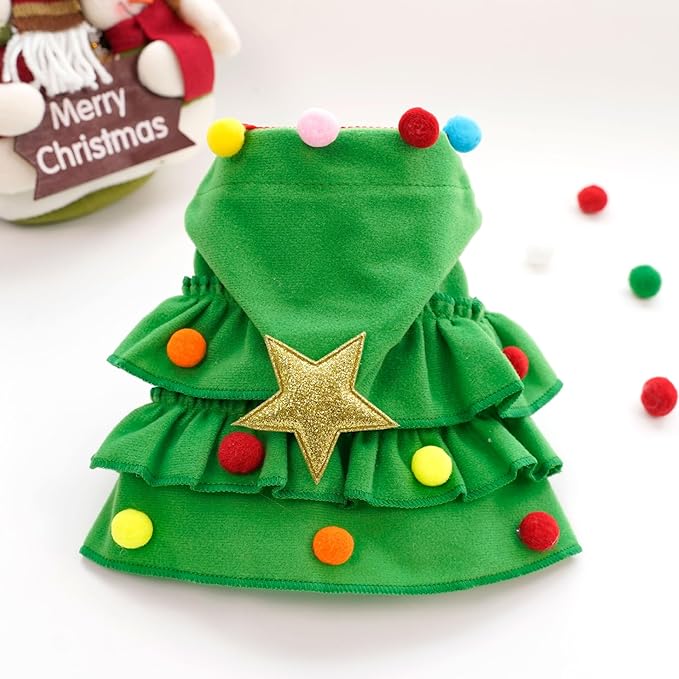 Dog Christmas Outfit Green Pet Cloak with Hat with Star and Pompoms Puppy Cape Clothes Xmas Tree Elf Costumes Party Pet Supplies Accessories for Dogs Big Cats Santa Presents