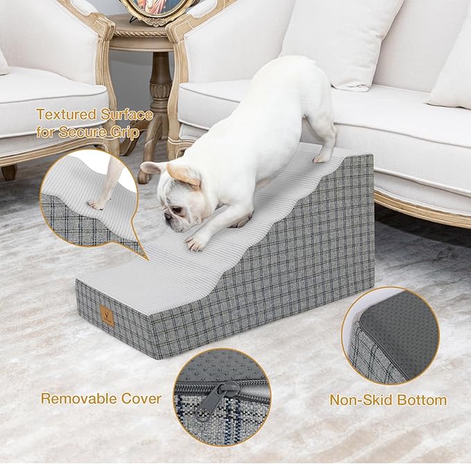 Pets Ramp for High Beds, Small Dogs & Senior Cats - Non-Slip Texture & Machine Washable Cover - Supportive Foam for Joint Comfort, Easy Climb for Couch, Sofa, Furniture (Grey)