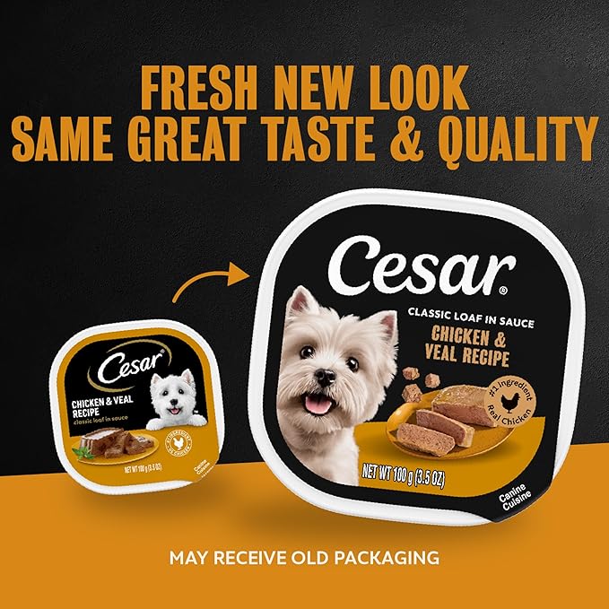 Cesar Classic Loaf in Sauce Adult Wet Dog Food Chicken and Veal Recipe, 3.5 oz. Easy Peel Trays, 24 Count (Pack of 1)