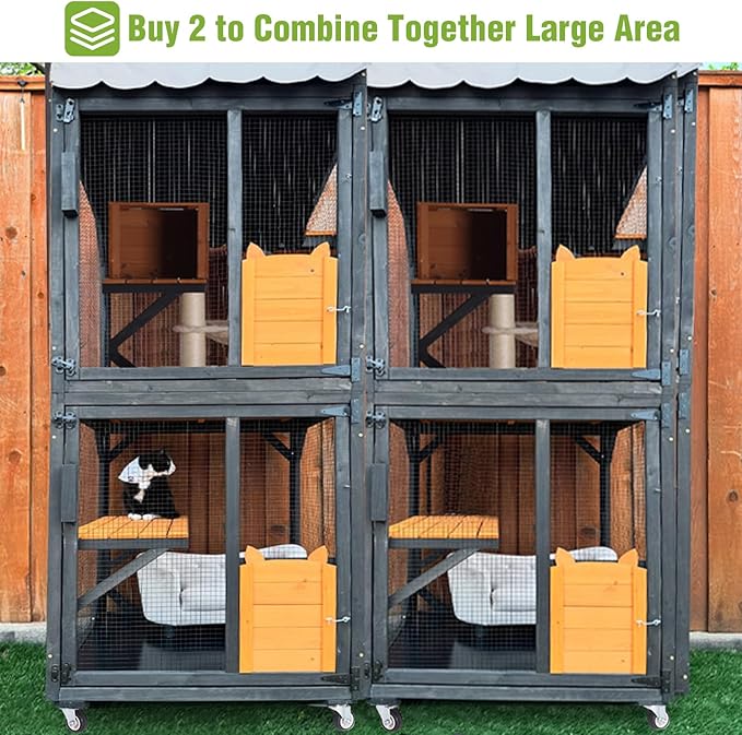 GUTINNEEN Catio Outdoor Cat Enclosure Mobile Cat House Indoor On Wheels with Scratch Post, Hammock, Resting Box, Platform, Tarp Roof 62.8", Black