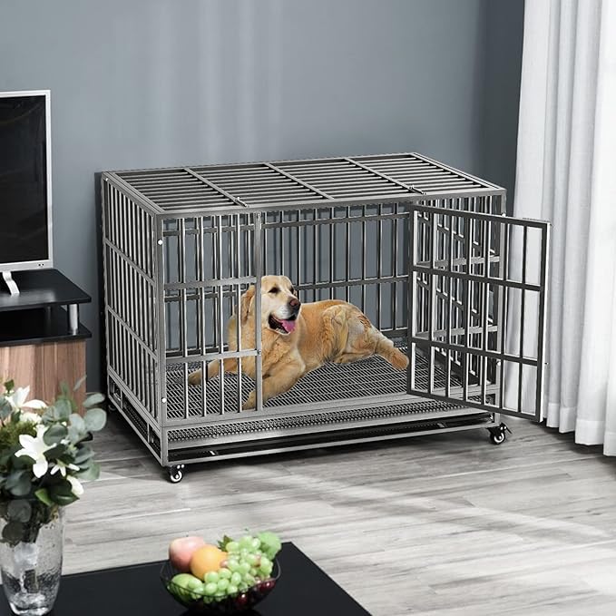LEMBERI 48/42/38 Inch Heavy Duty Indestructible Dog Crate, Escape Proof Double Door Dog Kennel with Lockable Wheels, High Anxiety Extra Large Dog Cage Indoor Use, with Removable Tray