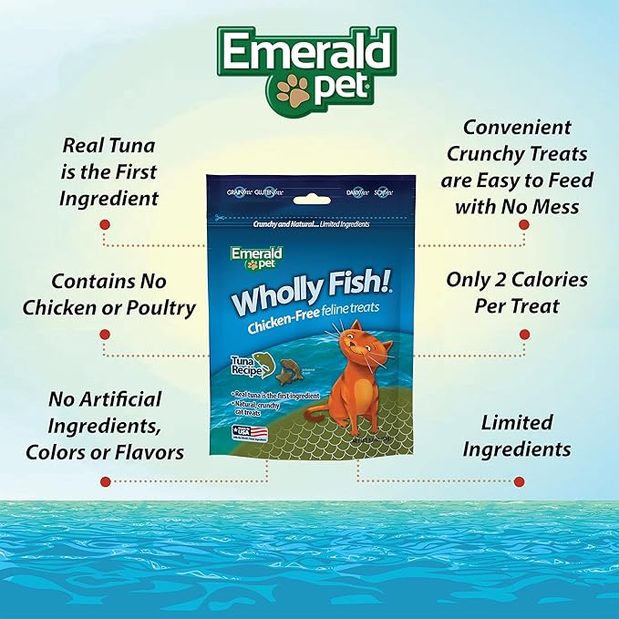 EMERALD PET Wholly Fish! Chicken-Free Feline Treats, Tuna Recipe — Tasty and Crunchy Tuna Cat Treats with Real Tuna — Chicken Free, Grain Free, Natural Cat Treats — Made in USA, 3 oz