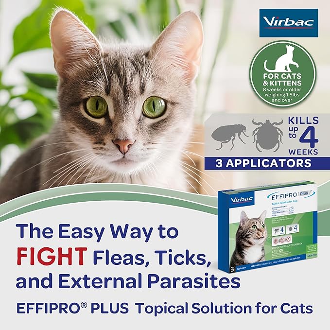 Virbac EFFIPRO Plus Topical Solution for Cats Over 1.5 lbs, 3 Month Supply, Non-Perishable