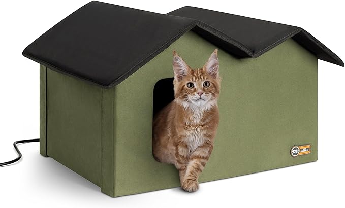K&H Pet Products Extra-Wide Heated Cat House for Outside, Outdoor Cat House with 2 Safe Escape Doors, Weatherproof Insulated Stray & Feral Shelter with Waterproof Heated Bed, Safety Listed - Olive