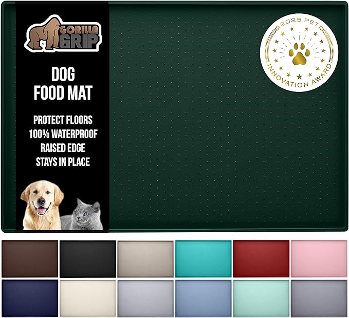 GORILLA GRIP 100% Waterproof Raised Edge BPA Free Silicone Pet Feeding Mat, Dog Cat Food Mats Contain Spills Protects Floors, Placemats for Cats and Dogs Water Bowl, Pets Accessories 32x24 Green
