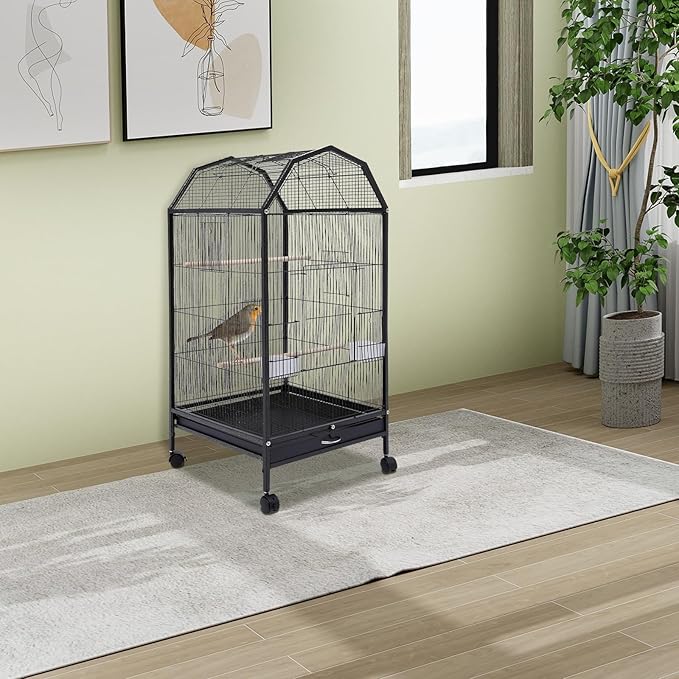 40-Inch Wrought Iron Bird Cage with Open-Top and Rolling Stand, Movable Parrot Cage Pet Bird Flight Cage, 360 Degree View Spacious Interactive Roof Pet Bird House for Medium&Small Birds