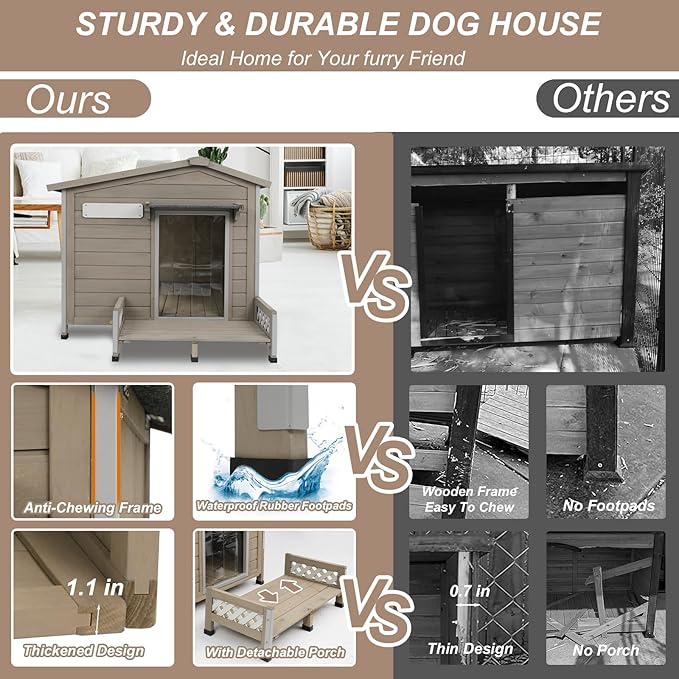41" L Outdoor Large Dog House with Porch, Removable Floor, Raised Feet, Anti-Chewing Iron Frame - Wooden Kennel with Asphalt Roof, Window for Indoor/Outdoor Use, Ideal for Medium to Large Dogs