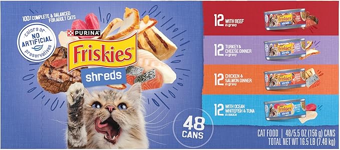 Purina Friskies Wet Cat Food Variety Pack, Shreds With Beef, Turkey and Cheese Dinner, Chicken and Salmon Dinner, and With Ocean Whitefish and Tuna - 48 ct. Can