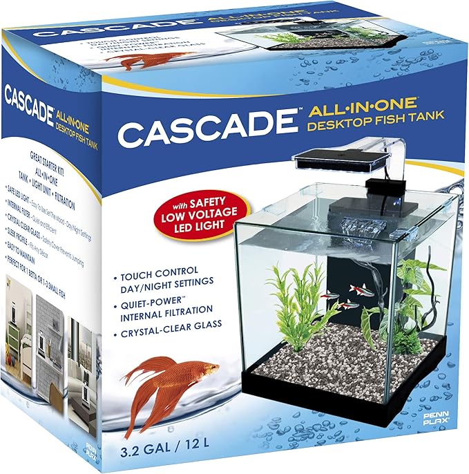 PENN-PLAX Cascade All-in-One Desktop Aquarium Kit – Great for Small & Tight Spaces – Marine & Freshwater Applications – 3.2 Gallons
