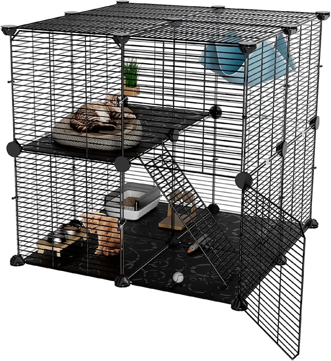 Medium Cat Cage Indoor: Enclosed Cat Enclosure DIY Pet Playpen Detachable Metal Wire Kennel Sturdy Crate with Hammock for Cats Kitten