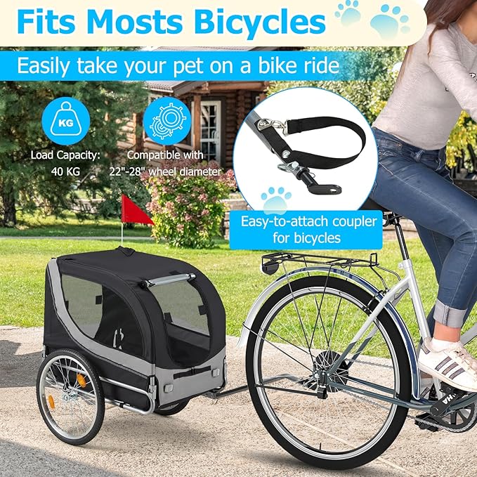 Foldable Pet Bike Trailer for Dogs up to 88 lbs – Universal Hitch Bicycle Carrier with Shock‑Absorbing Tires, Mesh Ventilation & Quick‑Release Wheels (55″/57″)